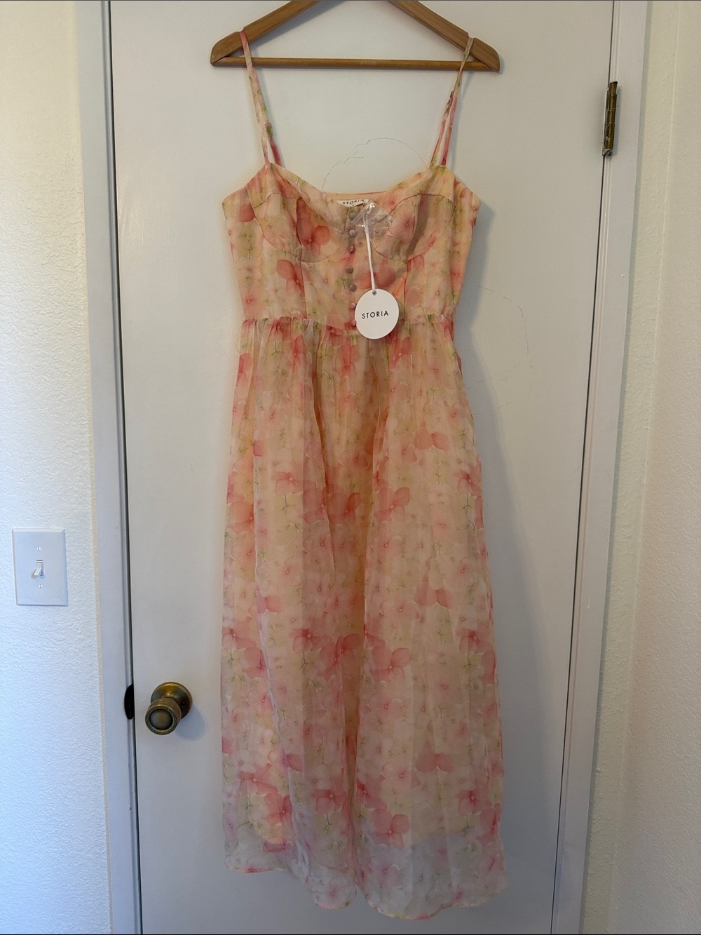 Storia Sheer Floral Spaghetti-Strap Midi Dress - Pink & Cream